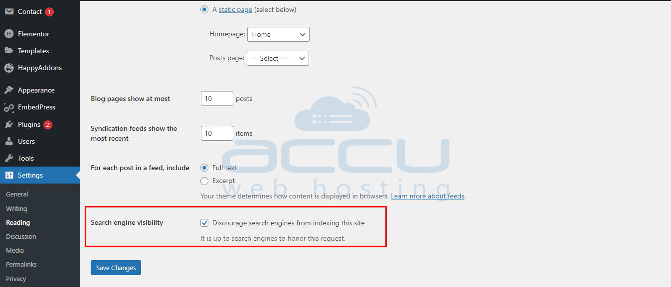 What is the use of search engine visibility field in WordPress reading
