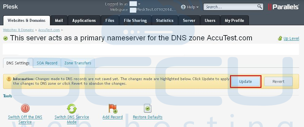 Select Update Option to Save DNS Record Changes Select Update Option to Save DNS Record Changes