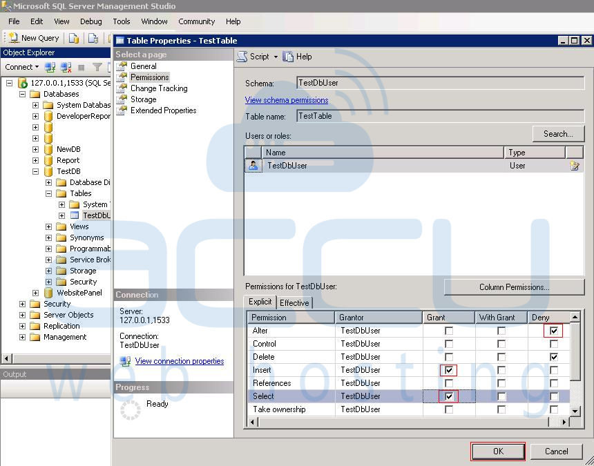 How to assign particular permissions to SQL server database user from SQL  Server Management Studio? - Knowledgebase - AccuWebHosting