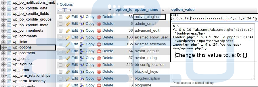 Deactivate All Plugins From phpMyAdmin