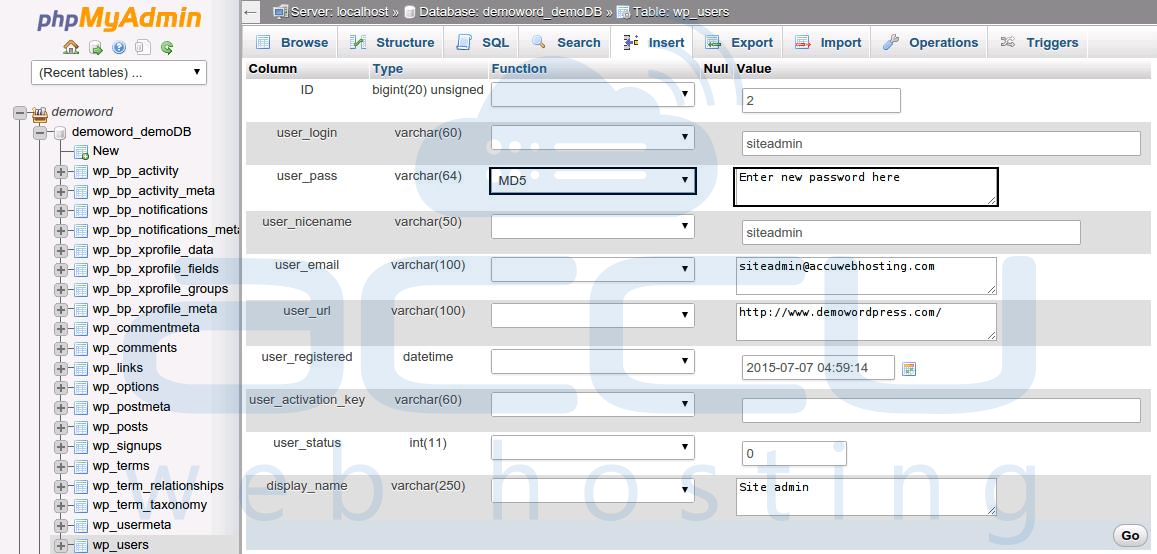 Enter New Password for WordPress Admin User in user_pass Field