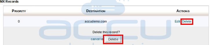 Delete MX Record by Clicking on Delete Option