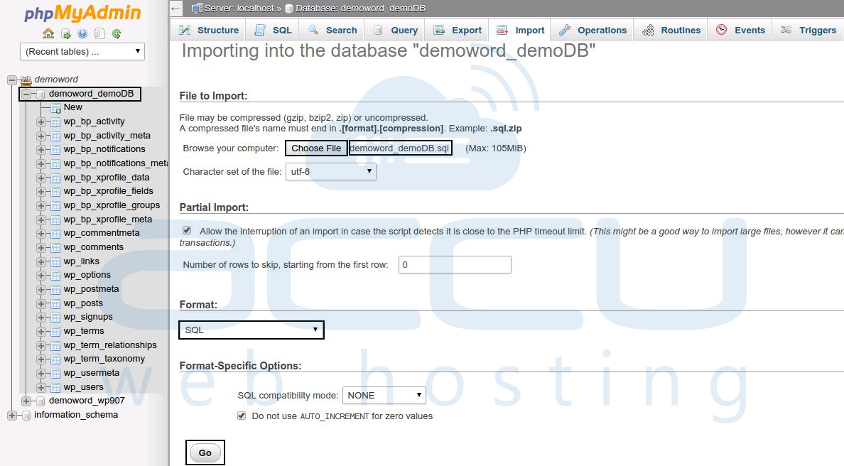 phpmyadmin restore database