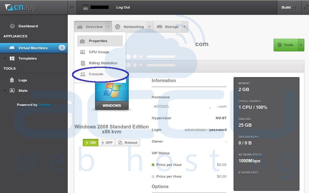 Select Console Option from Overview of VPS
