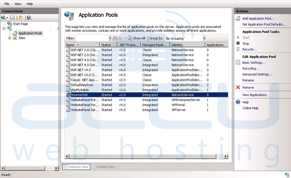Select Dedicated Application Pool to Make Changes