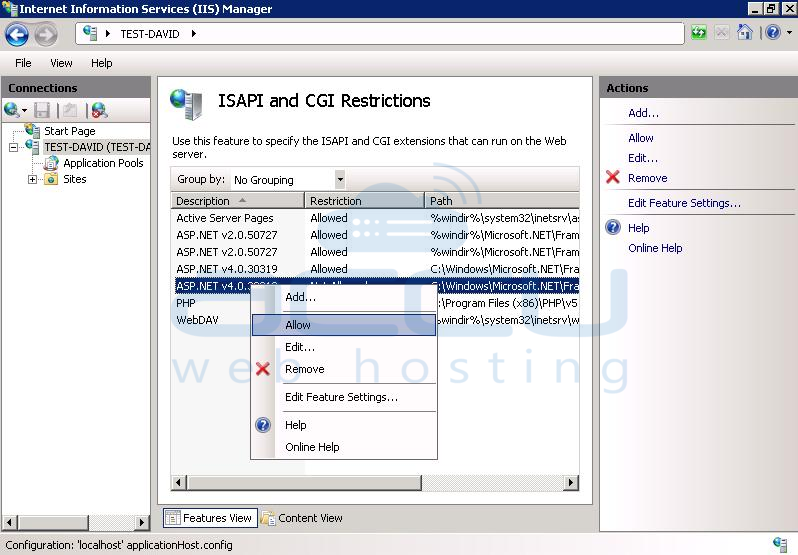 Allow ASP.Net Version 4.0 from ISAPI and CGI Restrictions