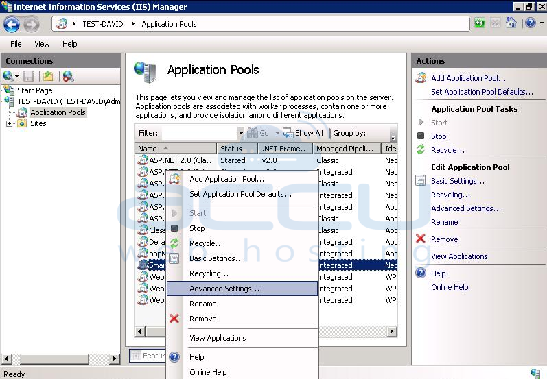 Select Advanced Settings of Application Pool