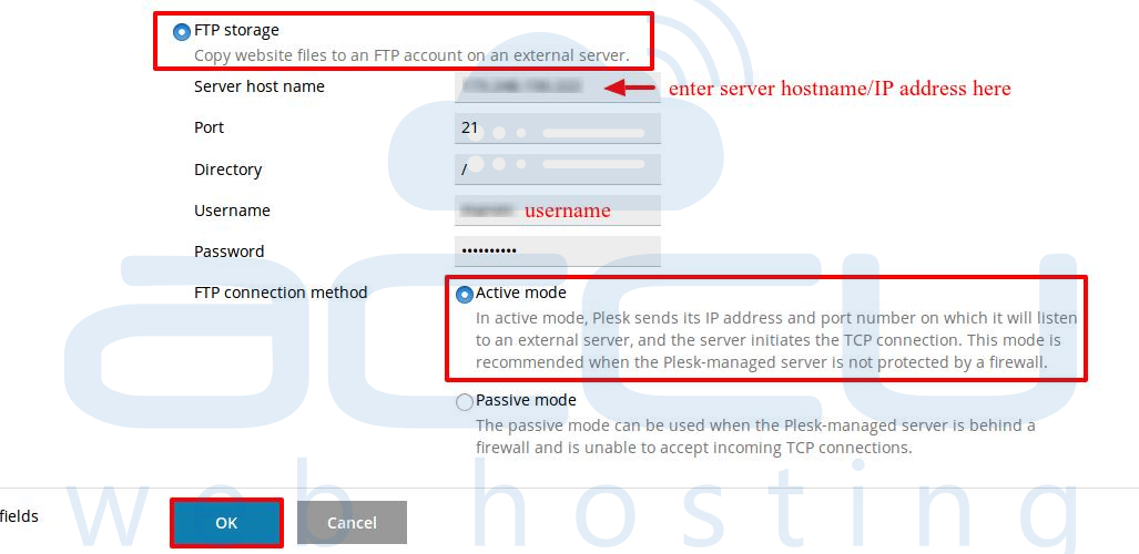 Specify the Server hostname, Port, Directory and Credentials